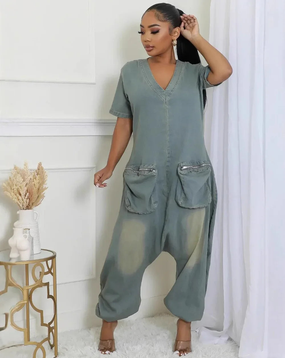 Combinaisons d'automne pour femmes, manches courtes, jean ample, délavé, une pièce, poches, Cargo, barboteuse à la mode