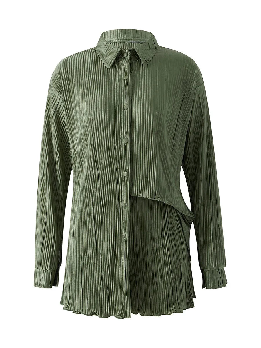 Ensemble de vêtements décontractés pour femmes, chemise froncée à manches longues, boutonnée et short, 2 pièces