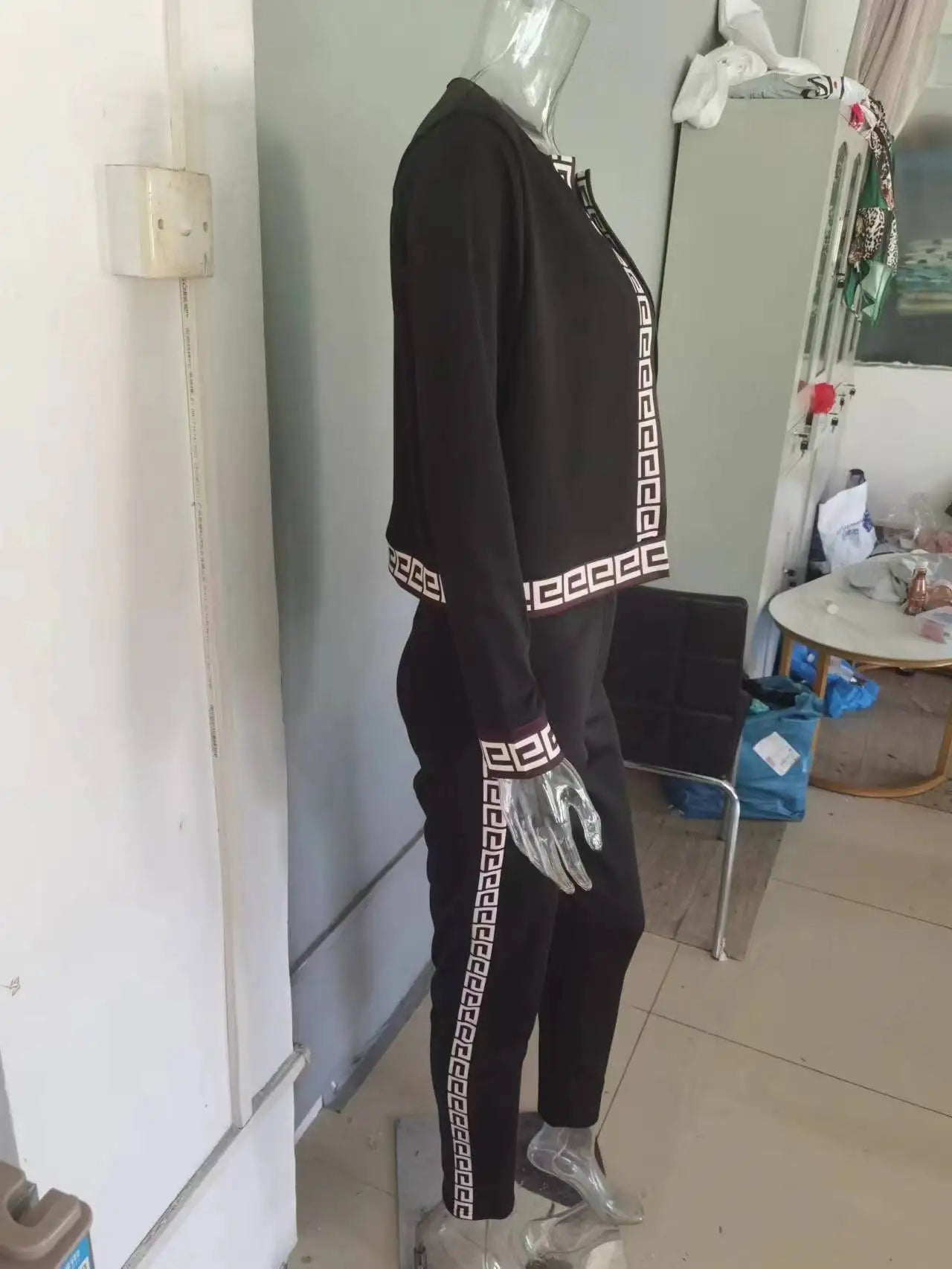 Manteau pied-de-poule avec pantalon crayon pour femme, tenues décontractées, imprimé élégant, noir, mode, automne, hiver, 3 pièces