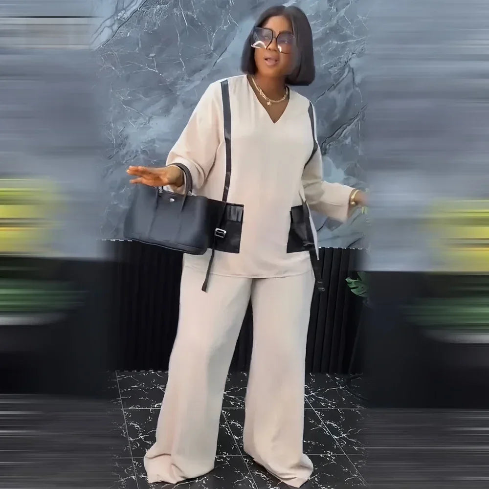 Ensemble deux pièces africain pour femme, pantalon long, ample, noir, poche, col en V, manches longues, grande taille, costume de vacances, sexe, nouveau, 2024