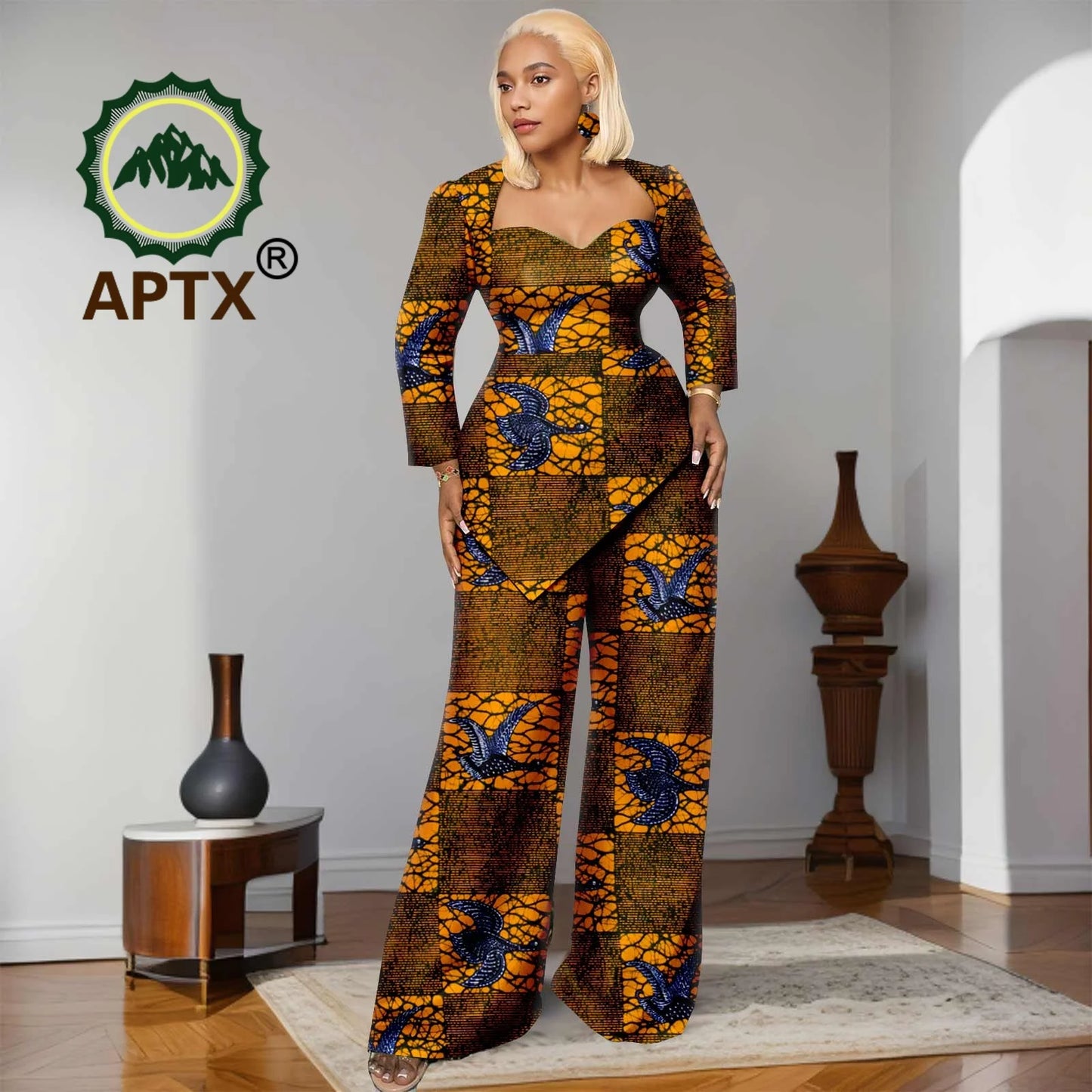 Ensemble deux pièces imprimé africain Ankara pour femmes, haut à manches neuf quarts et pantalon longueur au sol, ensemble décontracté Dashiki avec boucles d'oreilles