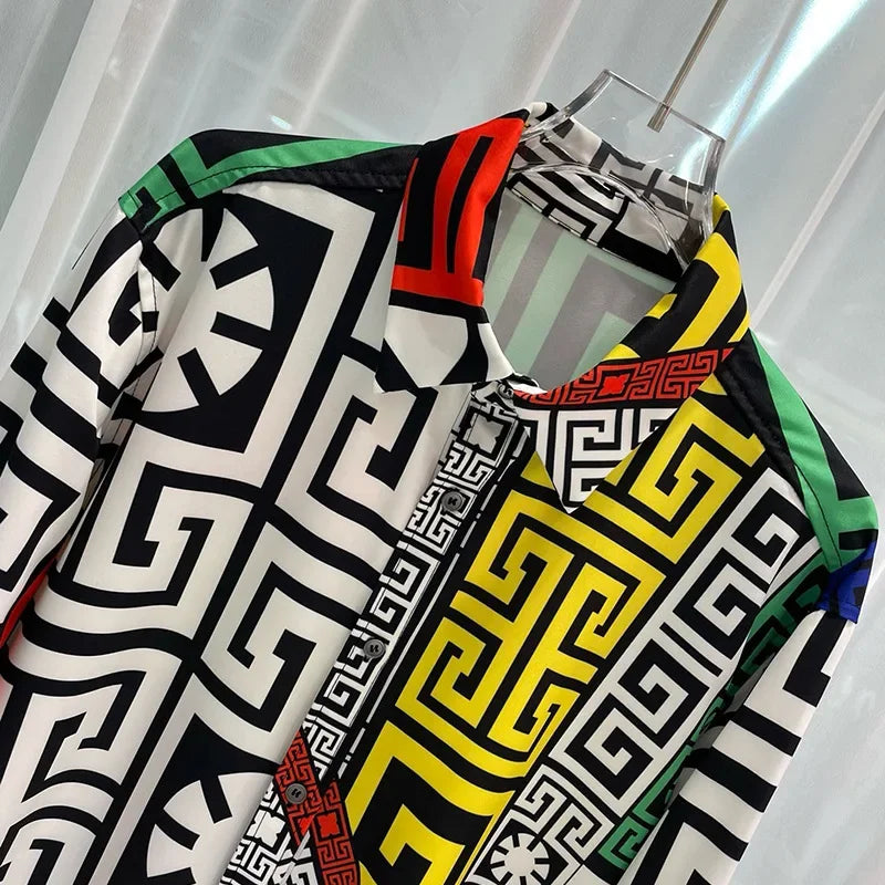 Chemises de luxe royales pour hommes, vêtements ajustés, chemises à imprimé floral complet, bandes dessinées longues, chemises de fête de remise de diplôme, s sociaux de luxe pour hommes