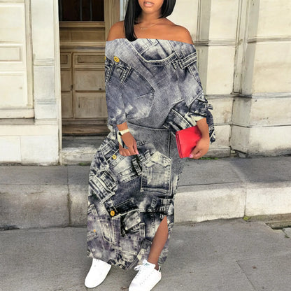 Robe en jean imprimé rétro, manches longues, coupe cintrée, élégante, décontractée, fente, col à une épaule