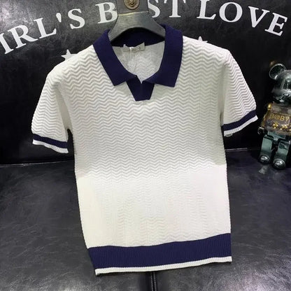 T-shirt à manches courtes en soie glacée pour hommes, pull tricoté à revers contrasté, tendance et personnalisé, décontracté, nouvelle collection été