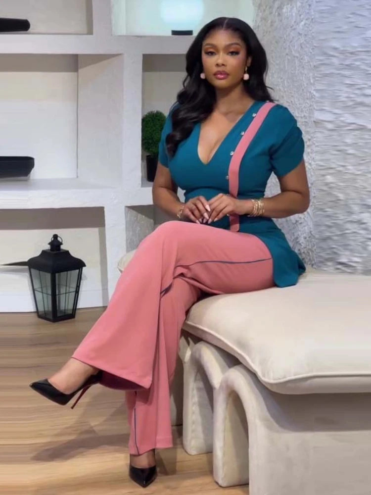 BERAKAH SUPRÊME -Haut rigide à col en V avec pantalon à jambes larges en Patchwork, ensemble deux pièces de Style africain, tenue d'affaires pour femmes, tenues d'été pour femmes