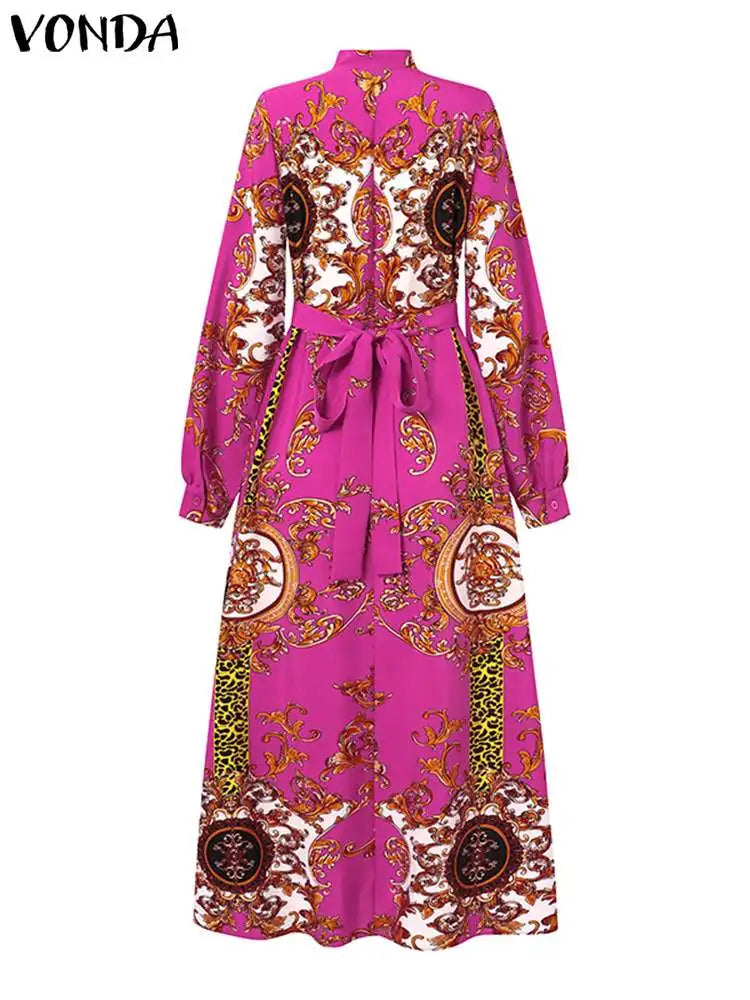 VONDA Robe Maxi 2024 été femmes bohème imprimé fête Robe d'été à manches longues col montant Robe décontractée vacances robes ceinturée