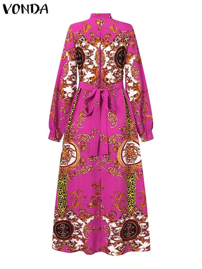 VONDA Robe Maxi 2024 été femmes bohème imprimé fête Robe d'été à manches longues col montant Robe décontractée vacances robes ceinturée