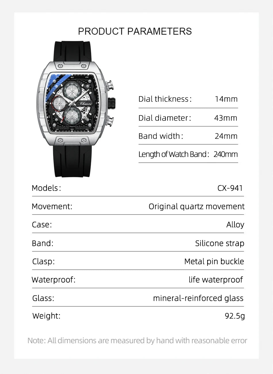 CHENXI-Montre de sport à quartz pour homme, bracelet en silicone noir, chronographe, date, marque originale, mode