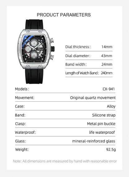 CHENXI-Montre de sport à quartz pour homme, bracelet en silicone noir, chronographe, date, marque originale, mode