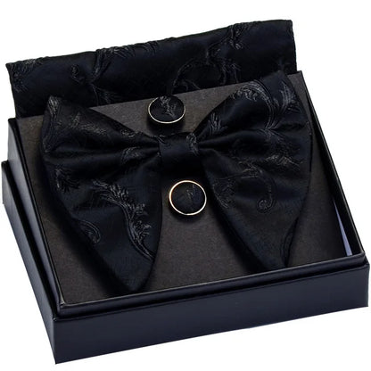 GUSLESON-Ensemble de boutons de manchette carrés à motif décoratif pour hommes, nœud papillon blanc noir, poche, boîte cadeau, cravate de la présidence de mariage