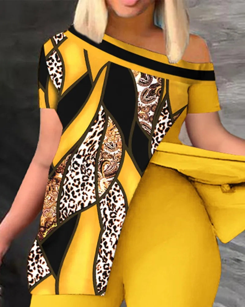 Ensemble deux pièces élégant pour femmes, nouvelle mode, imprimé, manches à volants, haut, pantalon de couleur unie, avec ceinture, chemisiers, vêtements féminins