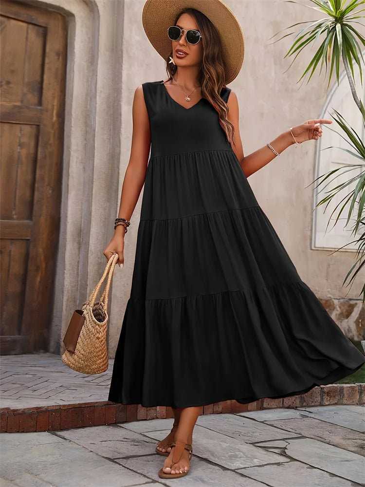 Robe longue d'été décontractée pour femmes, marque de vacances, plage, col en v, ample, élégante, jaune, noir, à volants, 2024