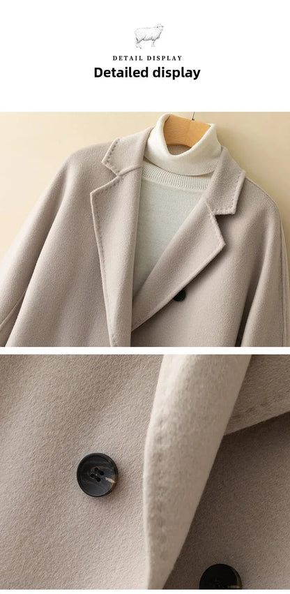 Manteau en laine Double face pour femme, épais, mi-long, col de costume, coupe ample, couleur Pure, polyvalent, nouveau Style automne hiver