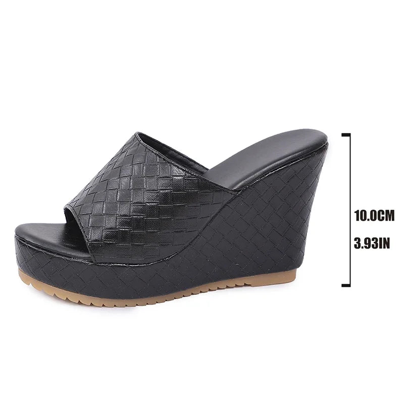 Plate-forme épaisse sandales à talons compensés femmes Sexy Peep orteil noir Pu cuir tissage diapositives femme Super haut talon anti-dérapant Sandalias Mujer