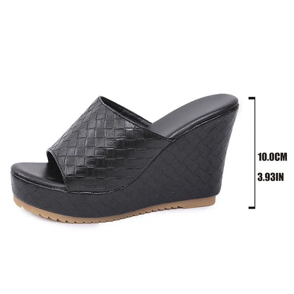 Plate-forme épaisse sandales à talons compensés femmes Sexy Peep orteil noir Pu cuir tissage diapositives femme Super haut talon anti-dérapant Sandalias Mujer