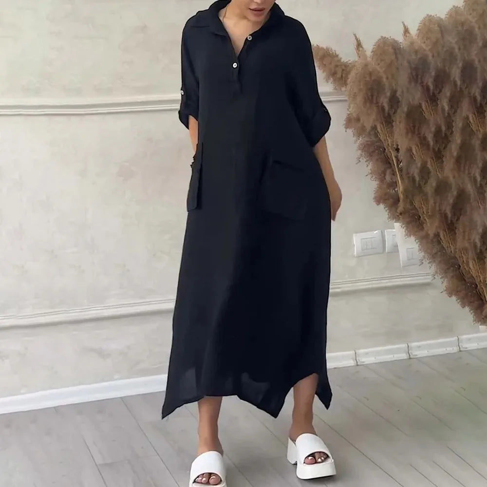 Robe longue en lin à manches longues pour femmes, robe maxi blanche avec poches, élégante, mode décontractée, été, 2024