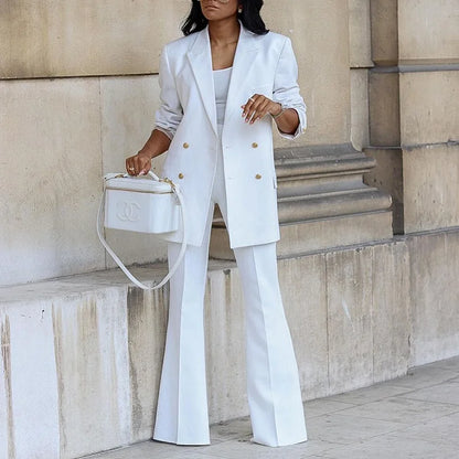 Ensemble blazer décontracté à double boutonnage pour femme, jambe large imbibée, bureau, nouveau, document monochrome, automne