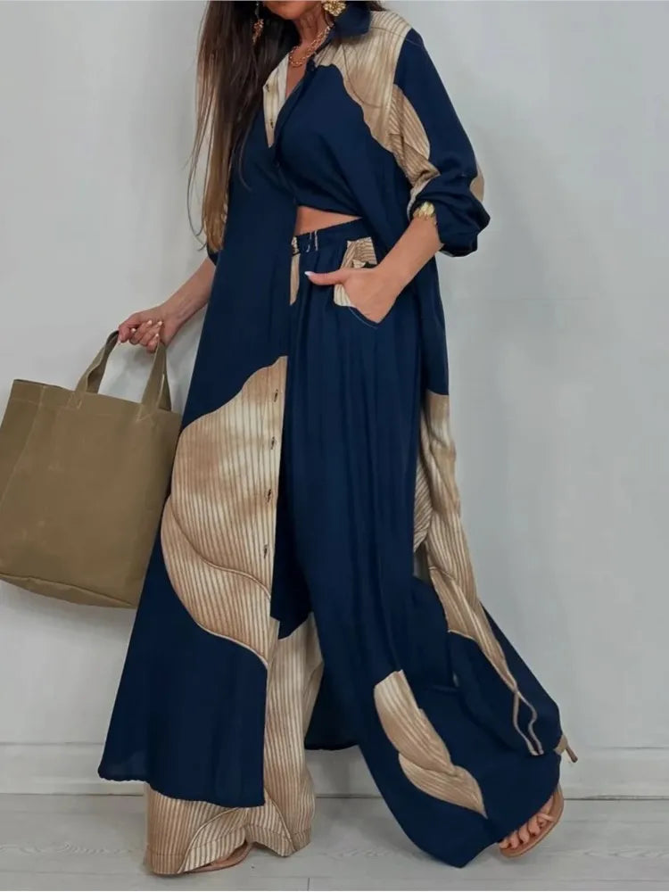 Ensemble deux pièces imprimé Patchwork pour femmes, haut à revers, manches longues, simple boutonnage, pantalon à jambes larges, décontracté, ample, mode printemps