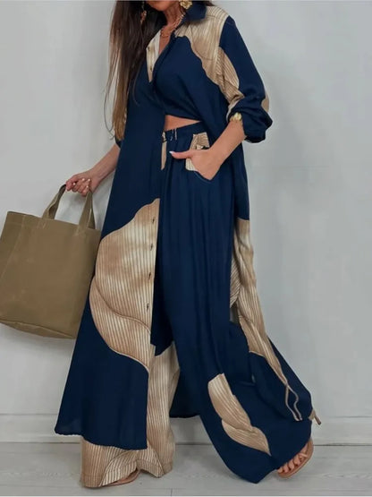 Ensemble deux pièces imprimé Patchwork pour femmes, haut à revers, manches longues, simple boutonnage, pantalon à jambes larges, décontracté, ample, mode printemps