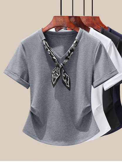 T-Shirt à manches courtes et col en V pour femme, écharpe structurée, épaules froncées, cravate à la taille, amincissante, nouvelle collection 2025