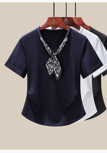 T-Shirt à manches courtes et col en V pour femme, écharpe structurée, épaules froncées, cravate à la taille, amincissante, nouvelle collection 2025