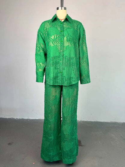 Ensemble élégant pour femmes, chemise à manches longues et pantalon droit à jambes larges, Perspective brodée, ensemble 2 pièces, survêtement, 2025 OL