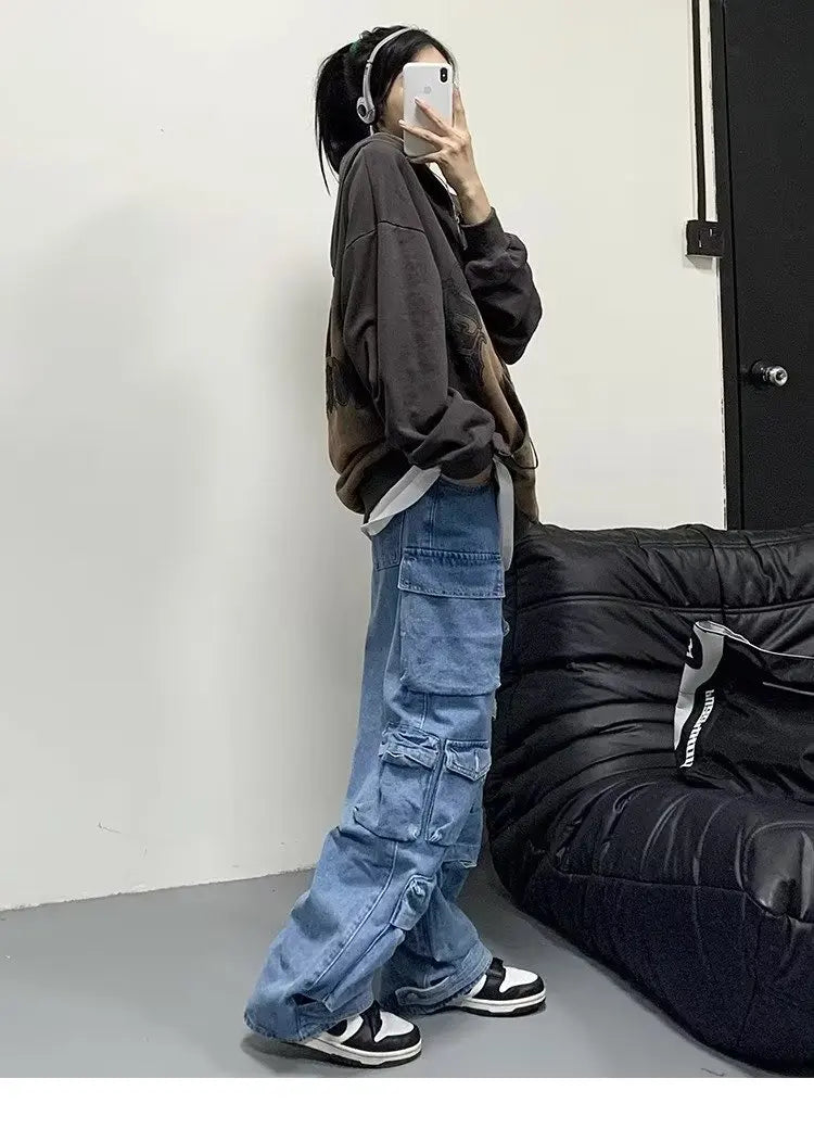 Jean Baggy à jambes larges pour femmes, pantalon Cargo multi-poches, nouvelle mode Harajuku Y2K, Streetwear, jean bleu délavé, 2025