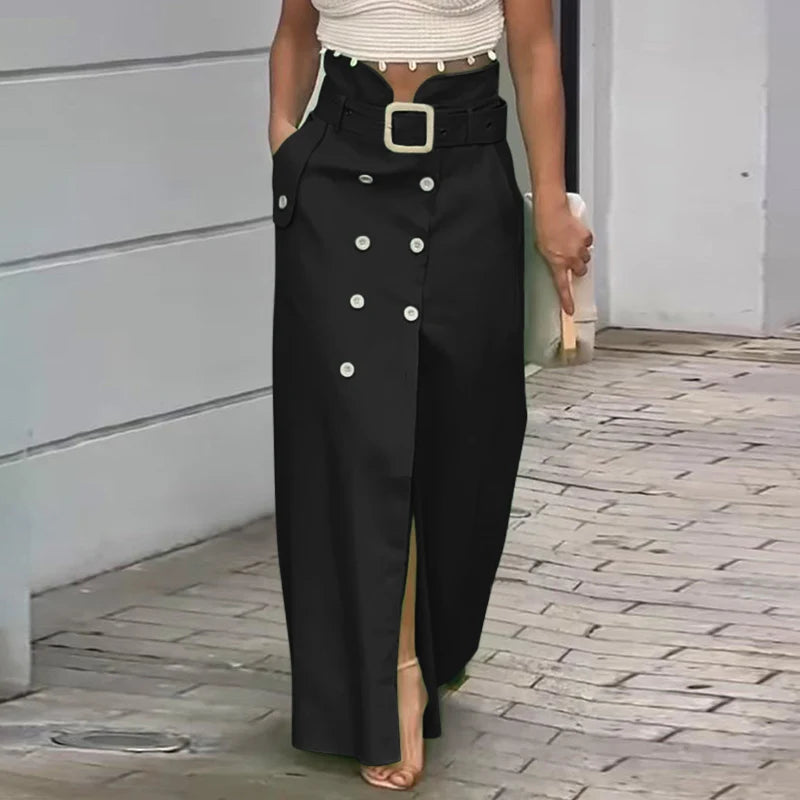 VONDA femmes jupes 2025 décontracté ceinture bouton conception fente longues jupes élégant couleur unie bureau dame bas surdimensionné