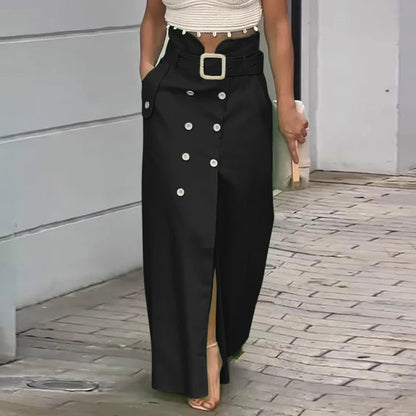 VONDA femmes jupes 2025 décontracté ceinture bouton conception fente longues jupes élégant couleur unie bureau dame bas surdimensionné