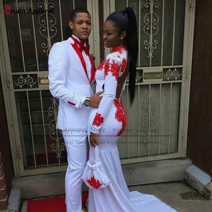 Tuxedos de Mariage pour marié blanc, costumes pour hommes, tenues avec revers doré, Blazer deux pièces pour garçons d'honneur, coupe cintrée