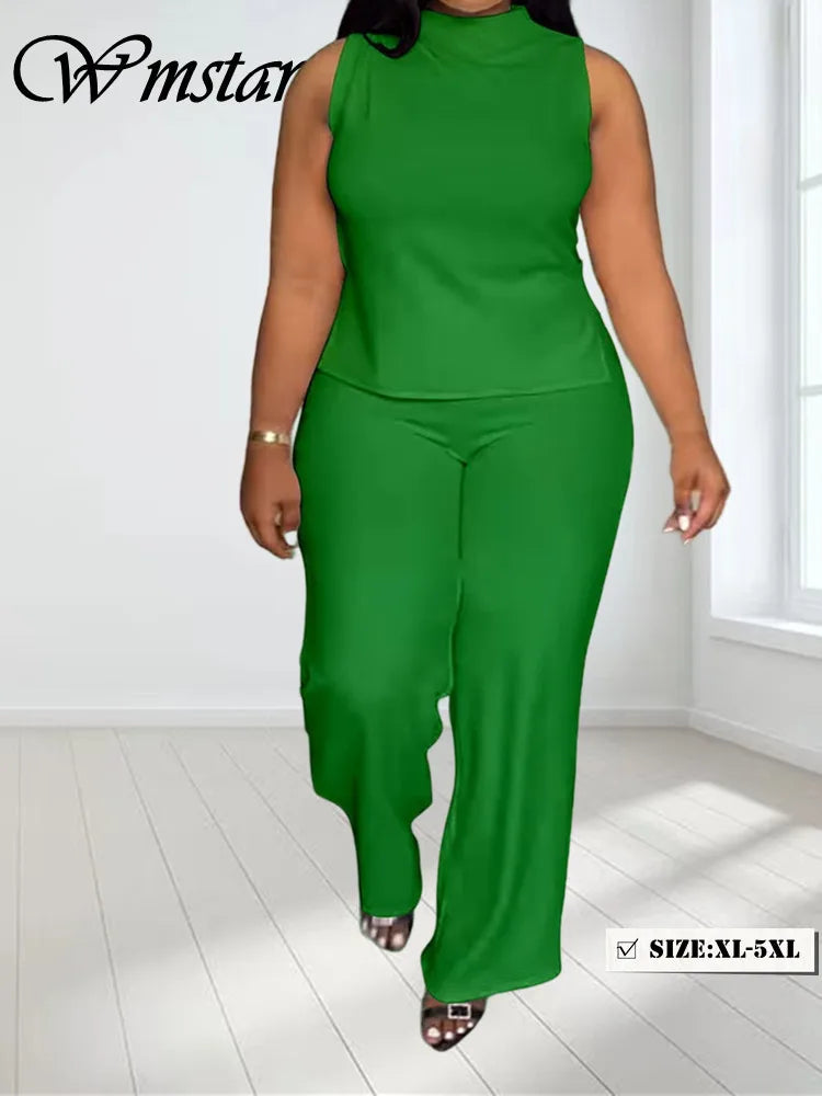 Wmstar femmes deux pièces ensemble grande taille 3XL 4XL été décontracté à la mode imprimé chemise sans manches costume pantalon à jambes larges tenues féminines