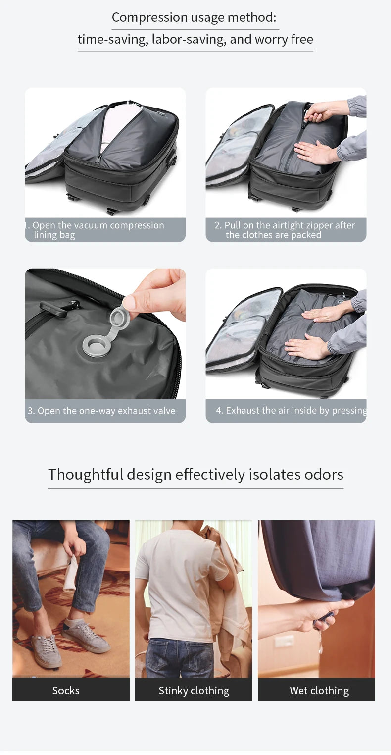 Sac à dos de voyage à compression sous vide pour hommes, sac à dos pour ordinateur portable 17 pouces, sac à dos scolaire de grande capacité, sac à dos de randonnée étendu SR