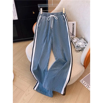 Ensemble pantalon femmes deux pièces ensembles Denim épissure fermeture éclair ensembles assortis manteaux décontractés jambe large pantalons longs à lacets taille élastique 2025