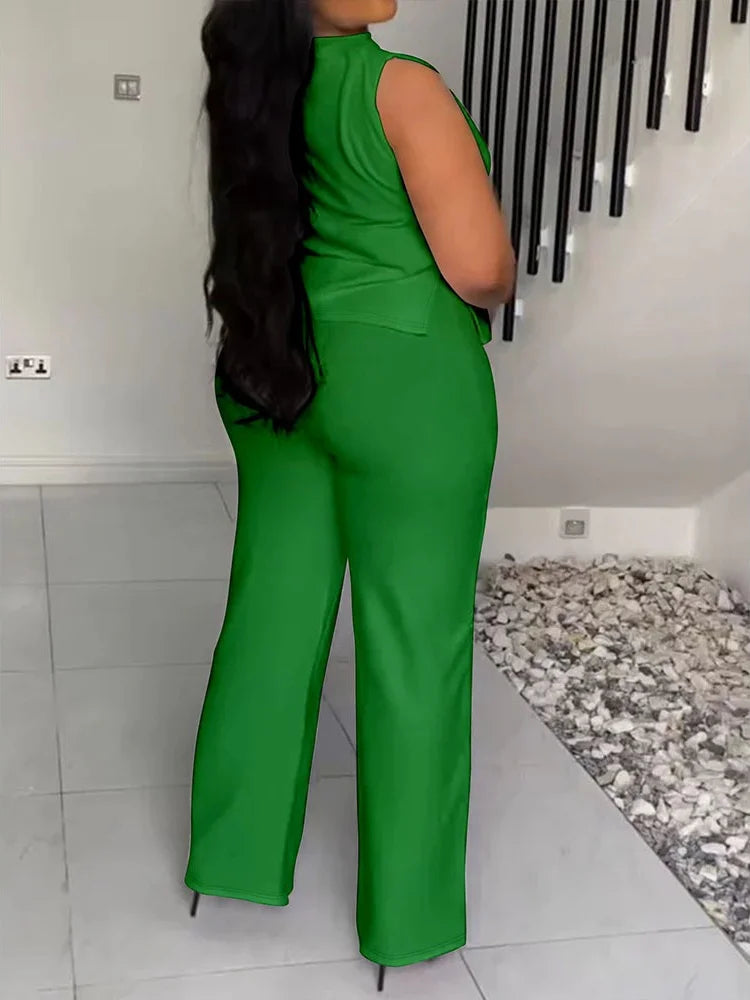 Wmstar femmes deux pièces ensemble grande taille 3XL 4XL été décontracté à la mode imprimé chemise sans manches costume pantalon à jambes larges tenues féminines