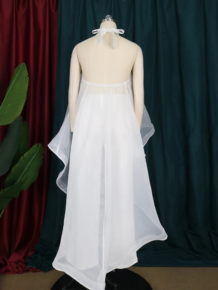 Ensemble 2 pièces en mousseline de soie pour femme, blouse longue, dos nu, pantalon blanc, jambes larges, fête, vacances, plage, été