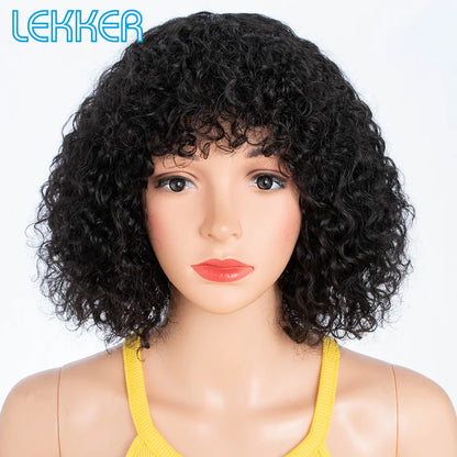 Lekker couleur courte Pixie Afro crépus bouclés Bob 100% perruques de cheveux humains avec frange pour les femmes brésilien Remy cheveux Ombre brun perruques