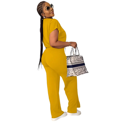 Femmes décontracté col rond cordon à manches courtes haut et taille haute pantalon ensemble été solide deux pièces costume ensembles tenues ensemble femme