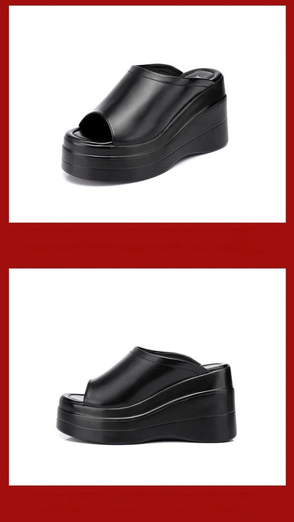 Chaussures confortables à plateforme épaisse de 9.5cm, petite taille 32-43, pantoufles en cuir véritable, talons hauts 2025, diapositives à semelles compensées, modèle de bureau