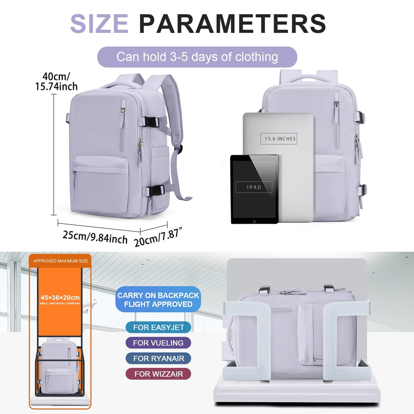 Sac à dos de voyage, sac de cabine, sac à dos Ryanair 40x20x25, sac à dos pour ordinateur portable 15,6 pouces pour hommes et femmes, sac à dos décontracté 40x28x17