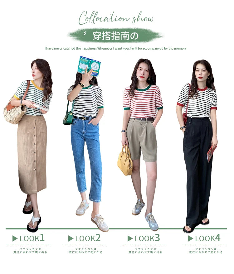 2025 hauts à rayures femmes tricoté col rond été imprimé à manches courtes décontracté Simple sauvage T-Shirt