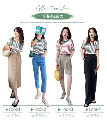 2025 hauts à rayures femmes tricoté col rond été imprimé à manches courtes décontracté Simple sauvage T-Shirt