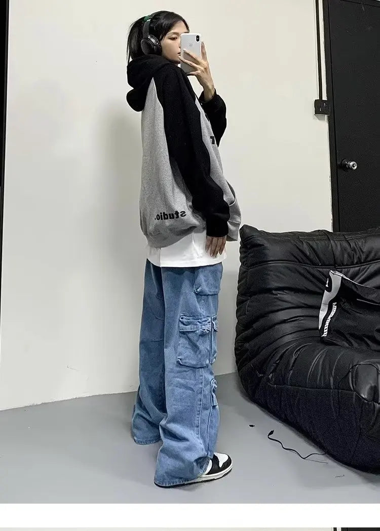 Jean Baggy à jambes larges pour femmes, pantalon Cargo multi-poches, nouvelle mode Harajuku Y2K, Streetwear, jean bleu délavé, 2025
