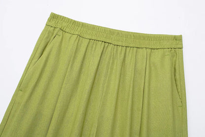 TRAFZA 2024 femmes 2 pièces ensemble taille élastique poche plis décorer pantalon à jambes larges + solide simple boutonnage fente ourlet Blouse haut