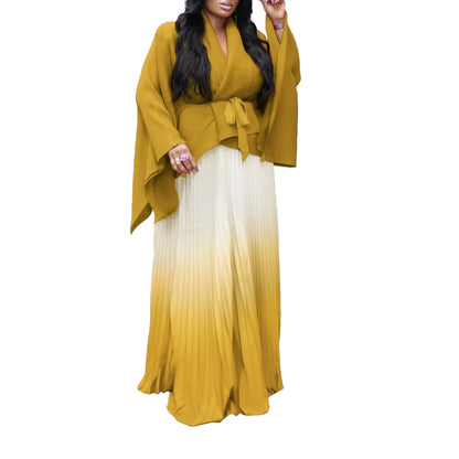 CM.YAYA – ensemble dégradé pour femmes, chemisier à manches longues avec ceinture, chemise et jupes longues plissées, costume de rue, ensemble deux pièces, survêtement