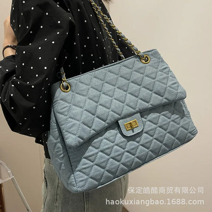 Sac à bandoulière en chaîne en Denim tendance, polyvalent, à motifs de diamants, forme carrée douce, Style minimaliste neutre, Linin en Polyester