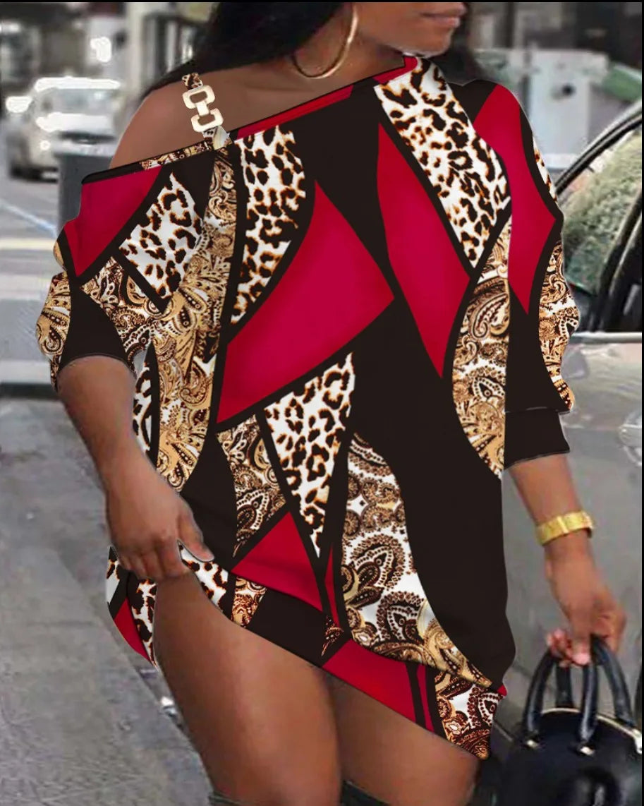 Mini robe imprimée décontractée pour femmes, mode, coupe ample, col diagonale ajouré, manches longues, robes de soirée courtes, Club, automne