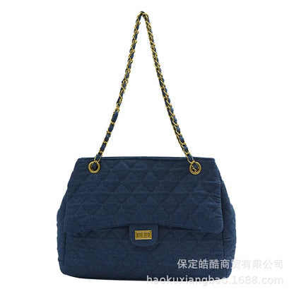 Sac à bandoulière en chaîne en Denim tendance, polyvalent, à motifs de diamants, forme carrée douce, Style minimaliste neutre, Linin en Polyester