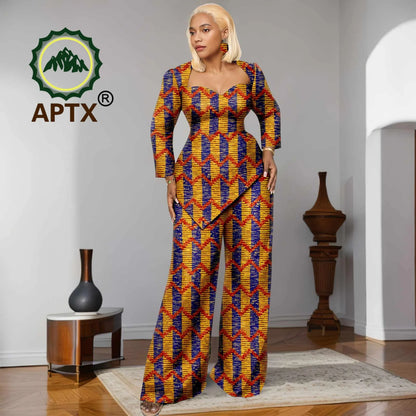Ensemble deux pièces imprimé africain Ankara pour femmes, haut à manches neuf quarts et pantalon longueur au sol, ensemble décontracté Dashiki avec boucles d'oreilles