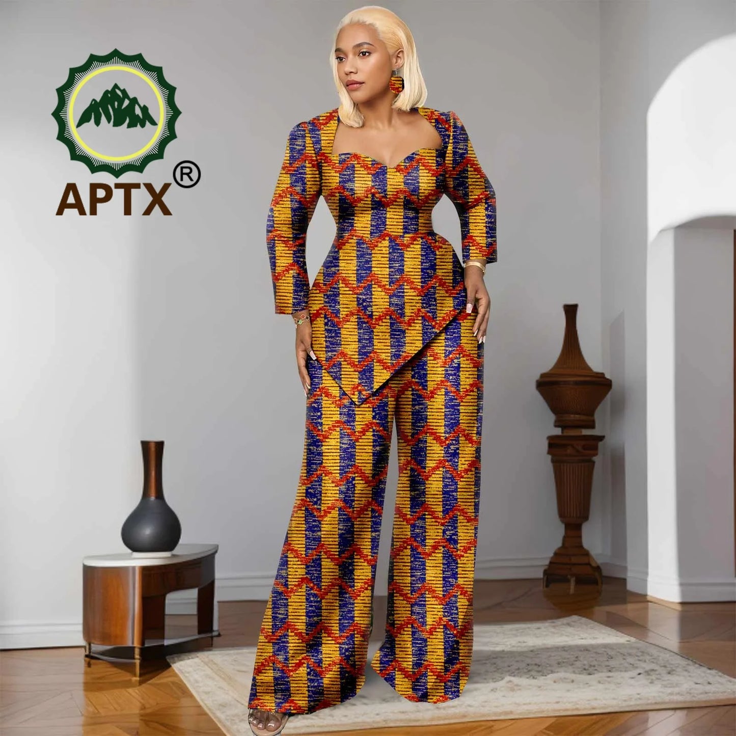Ensemble deux pièces imprimé africain Ankara pour femmes, haut à manches neuf quarts et pantalon longueur au sol, ensemble décontracté Dashiki avec boucles d'oreilles
