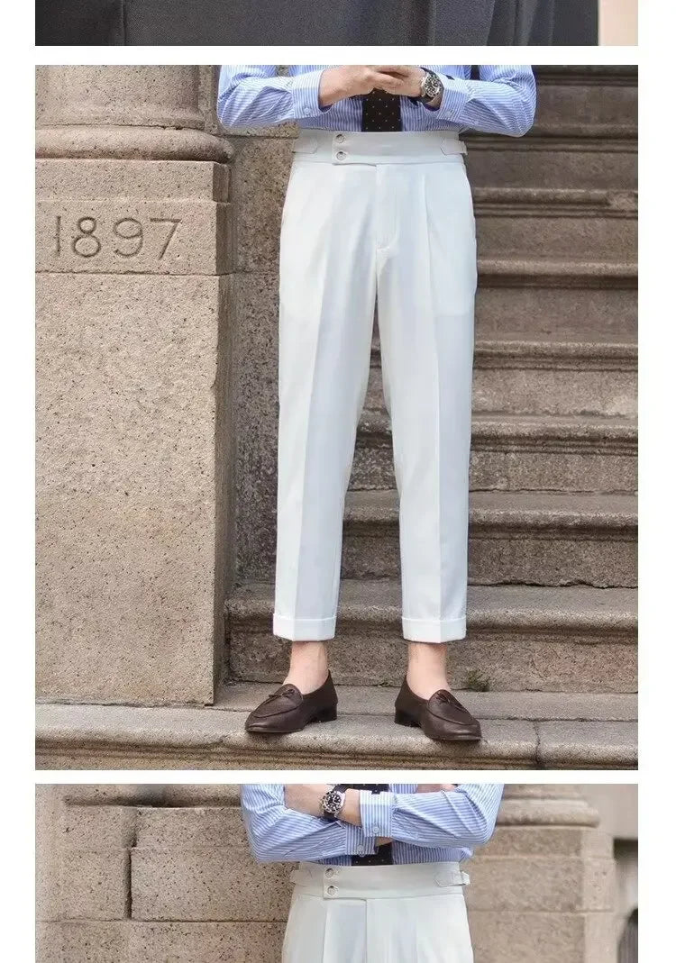 BS Vintage taille haute hommes décontracté pantalon droit Smalltrousers affaires britanniques Paris boucle blanc pantalon Long